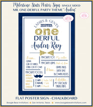 Load image into Gallery viewer, Mr Onederful Birthday Party Sign Poster Frameable Chalkboard Stats Wonderful Boy ONE derful Bue Gold 1st Boogie Bear Invitations Auden Theme