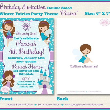 Winter Fairy Girl Birthday Party Invitation Purple Blue Christmas Snowflake Boogie Bear Invitations Parisa Theme Paperless Printable Printed