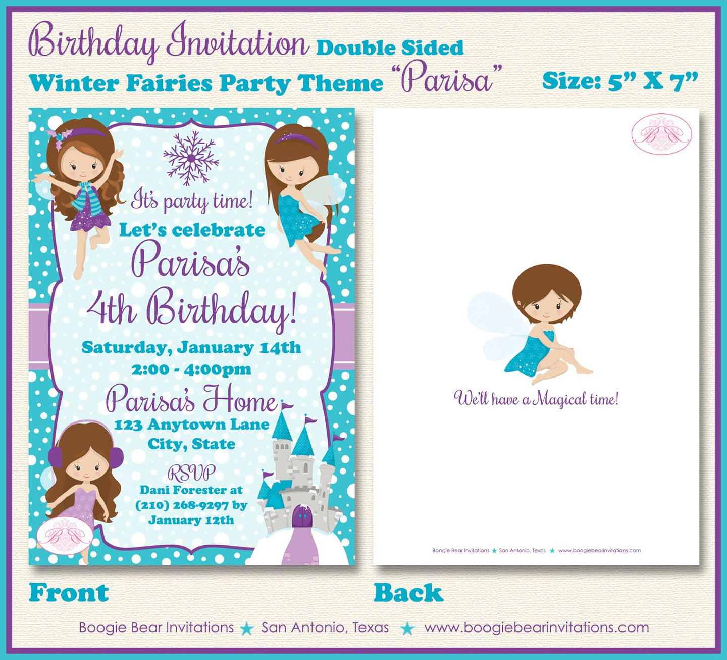 Winter Fairy Girl Birthday Party Invitation Purple Blue Christmas Snowflake Boogie Bear Invitations Parisa Theme Paperless Printable Printed