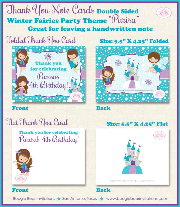 Winter Fairy Girl Party Thank You Cards Birthday Purple Blue Christmas Snowing Snowflake Castle Boogie Bear Invitations Parisa Theme Printed