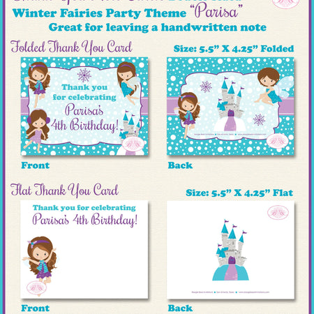 Winter Fairy Girl Party Thank You Cards Birthday Purple Blue Christmas Snowing Snowflake Castle Boogie Bear Invitations Parisa Theme Printed
