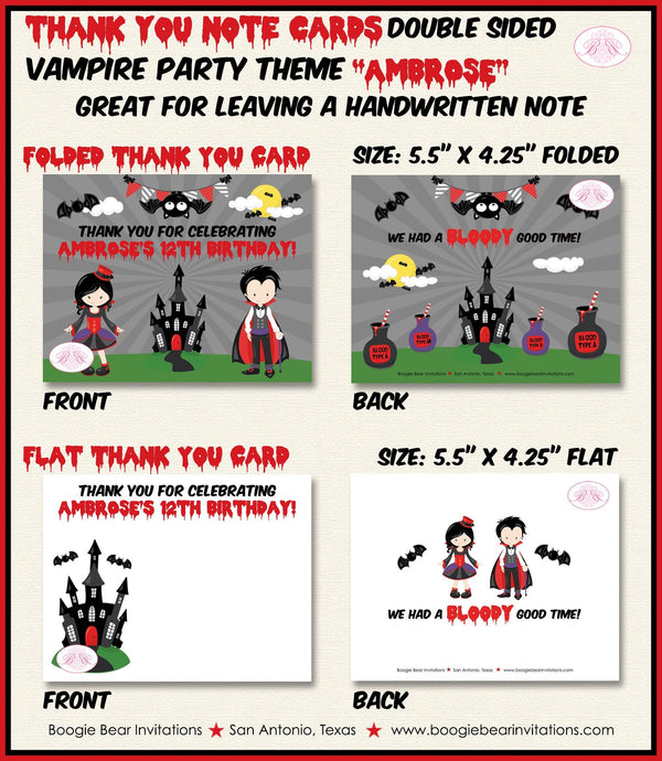 Vampire Bat Party Thank You Card Note Birthday Halloween Girl Boy Haunted House Dracula Blood Boogie Bear Invitations Ambrose Theme Printed