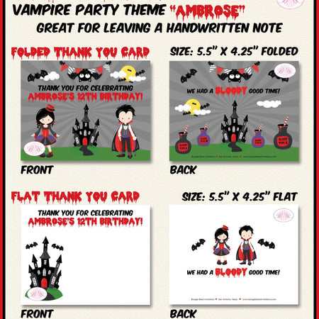 Vampire Bat Party Thank You Card Note Birthday Halloween Girl Boy Haunted House Dracula Blood Boogie Bear Invitations Ambrose Theme Printed