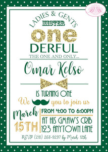 Mr. Wonderful Birthday Party Invitation Bow Tie Little Man Green Gold ONE 1st Boogie Bear Invitations Omar Theme Paperless Printable Printed