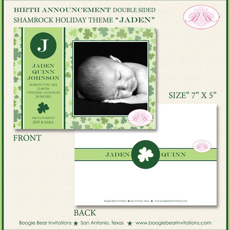 St Patrick's Day Photo Birth Announcement Shamrock Green Lucky Girl Boy Boogie Bear Invitations Jaden Theme Paperless Printable Printed