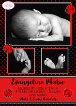 Load image into Gallery viewer, Ladybug Birth Announcement Photo Baby Girl Lady Bug Red Black Polka Dot Boogie Bear Invitations Evangeline Theme Paperless Printable Printed