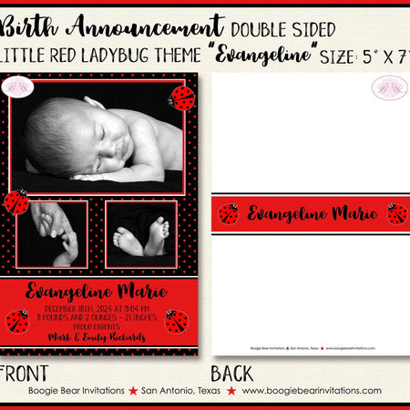 Ladybug Birth Announcement Photo Baby Girl Lady Bug Red Black Polka Dot Boogie Bear Invitations Evangeline Theme Paperless Printable Printed