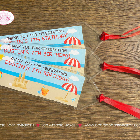 Retro Beach Birthday Party Bookmarks Favor Swimming Girl Boy Ocean Pool Splash Summer Sandcastle Ball Boogie Bear Invitations Dustin Theme