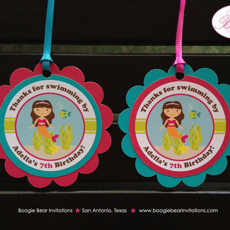 Mermaid Birthday Party Favor Tags Treat Bag Beach Ocean Girl Pink Blue Swim Swimming Pool Splash Bash Boogie Bear Invitations Adella Theme