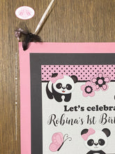 Load image into Gallery viewer, Panda Bear Birthday Party Door Banner Happy Girl Pink Black Tropical Jungle Spot Butterfly Polka Dot Boogie Bear Invitations Robina Theme