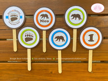 Load image into Gallery viewer, Grizzly Bear Birthday Party Cupcake Toppers Forest Chevron Blue Green Orange Brown Woodland Animals Wild Boogie Bear Invitations Nico Theme