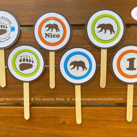 Grizzly Bear Birthday Party Cupcake Toppers Forest Chevron Blue Green Orange Brown Woodland Animals Wild Boogie Bear Invitations Nico Theme