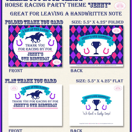 Horse Racing Birthday Party Thank You Card Argyle Pink Purple Kentucky Derby Race Lucky Jockey Boogie Bear Invitations Jenny Theme Printed