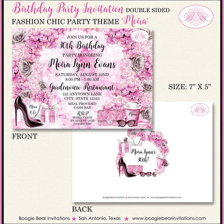 Fashion Chic Birthday Party Invitation Pink Black Flowers Shopping Coffee Boogie Bear Invitations Moira Theme Paperless Printable Printed