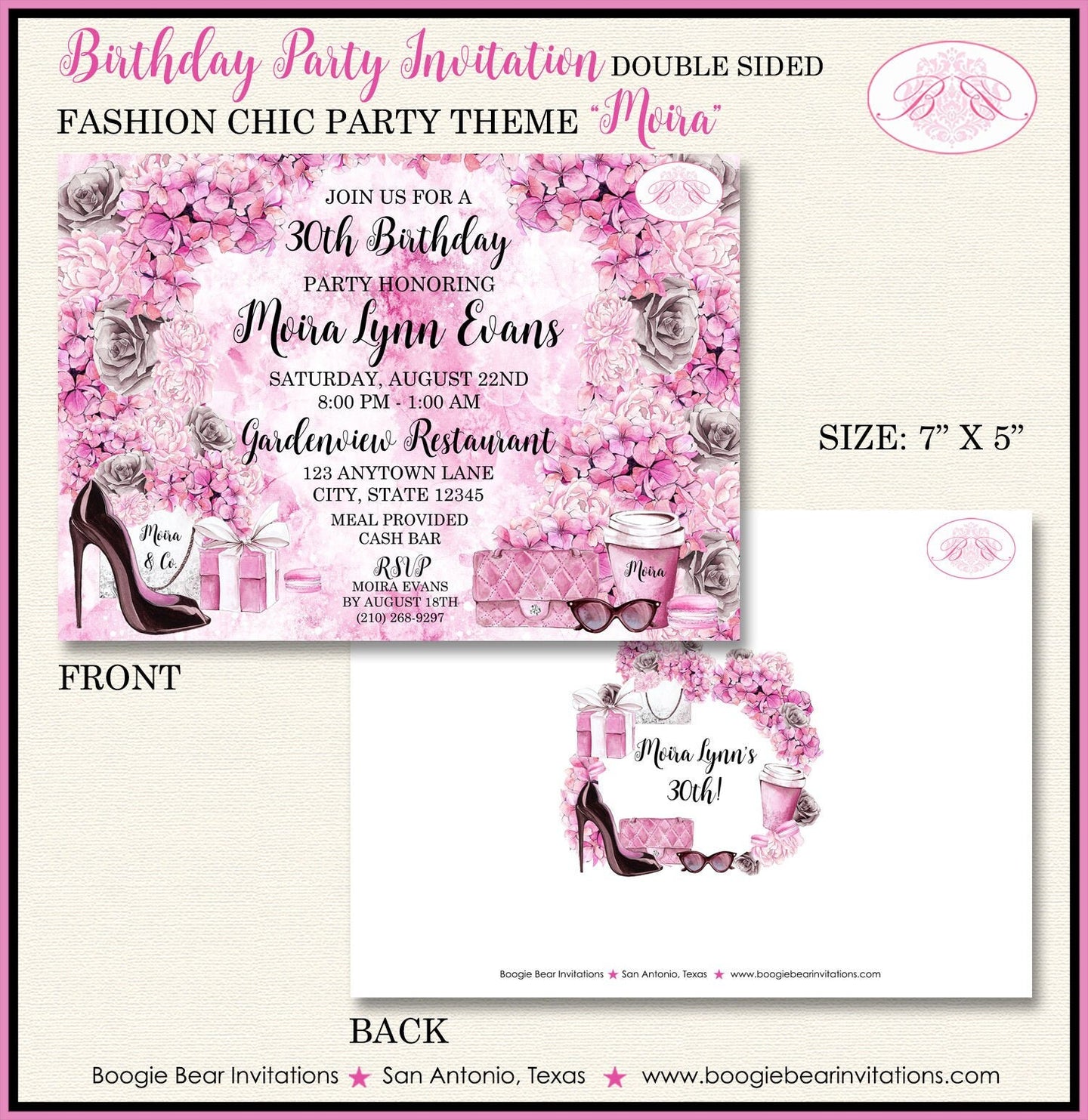 Fashion Chic Birthday Party Invitation Pink Black Flowers Shopping Coffee Boogie Bear Invitations Moira Theme Paperless Printable Printed