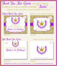 Load image into Gallery viewer, Purple Gold Royal Crown Party Thank You Card Note Birthday Girl Queen Ball Glitter Princess Boogie Bear Invitations Natalia Theme Printed