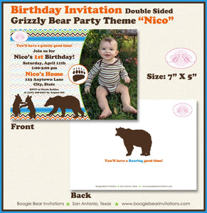 Grizzly Bear Photo Birthday Party Invitation Boy Chevron Woodland Forest Roar Boogie Bear Invitations Nico Theme Paperless Printable Printed