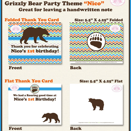 Grizzly Bear Party Thank You Card Birthday Roar Paw Print Ribbon Girl Boy Woodland Forest Chevron Boogie Bear Invitations Nico Theme Printed