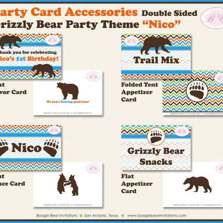 Grizzly Bear Birthday Favor Party Card Tent Place Food Tag Paw Print Chevron Woodland Forest Boy Girl Kid Boogie Bear Invitations Nico Theme