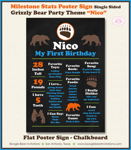 Grizzly Bear Birthday Party Sign Stats Poster Sign Frameable Chalkboard Milestone Wild Kodiak Forest Roar Boogie Bear Invitations Nico Theme