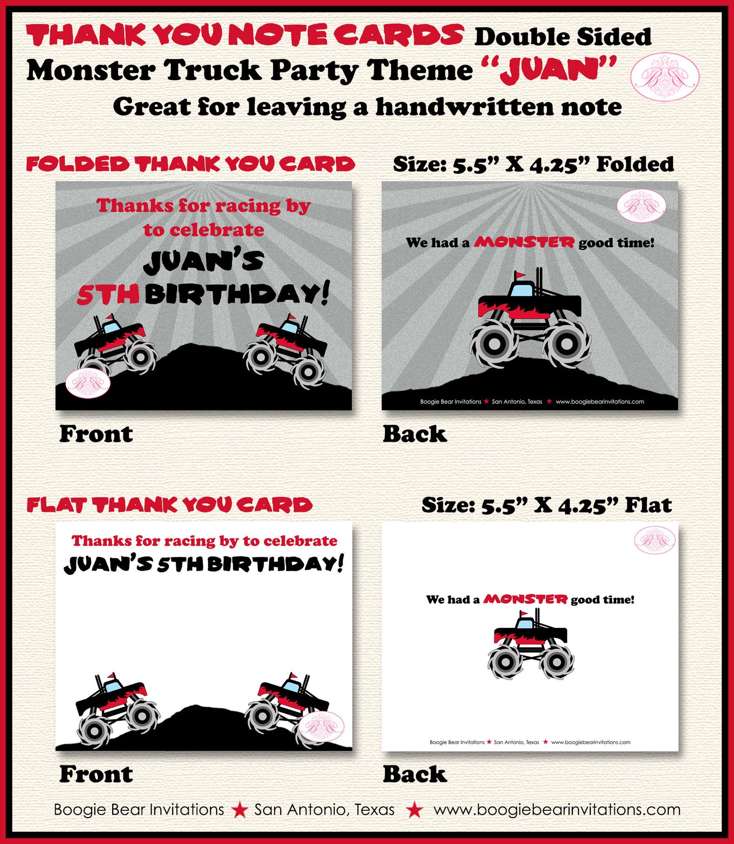 Monster Truck Birthday Party Thank You Card Black Red Favor Racing Smash Up Show Arena Demo Race Boogie Bear Invitations Juan Theme Printed