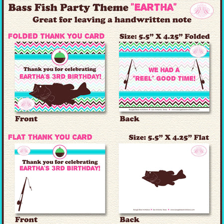 Bass Fish Fishing Birthday Thank You Card Party Girl Pink Green Aqua Blue Pole Rod Reel Fishing Boogie Bear Invitations Eartha Theme Printed