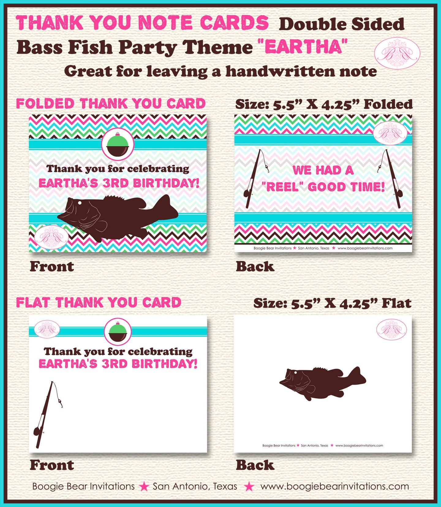 Bass Fish Fishing Birthday Thank You Card Party Girl Pink Green Aqua Blue Pole Rod Reel Fishing Boogie Bear Invitations Eartha Theme Printed