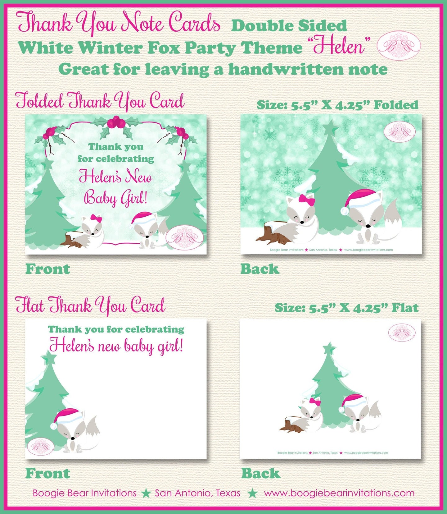 Woodland Winter Fox Thank You Card Baby Shower Party Christmas Arctic Snow Pink Girl Birthday Boogie Bear Invitations Helen Theme Printed