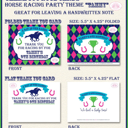 Horse Racing Birthday Party Thank You Card Pink Green Blue Jockey Kentucky Derby Quarter Races Boogie Bear Invitations Tammy Theme Printed