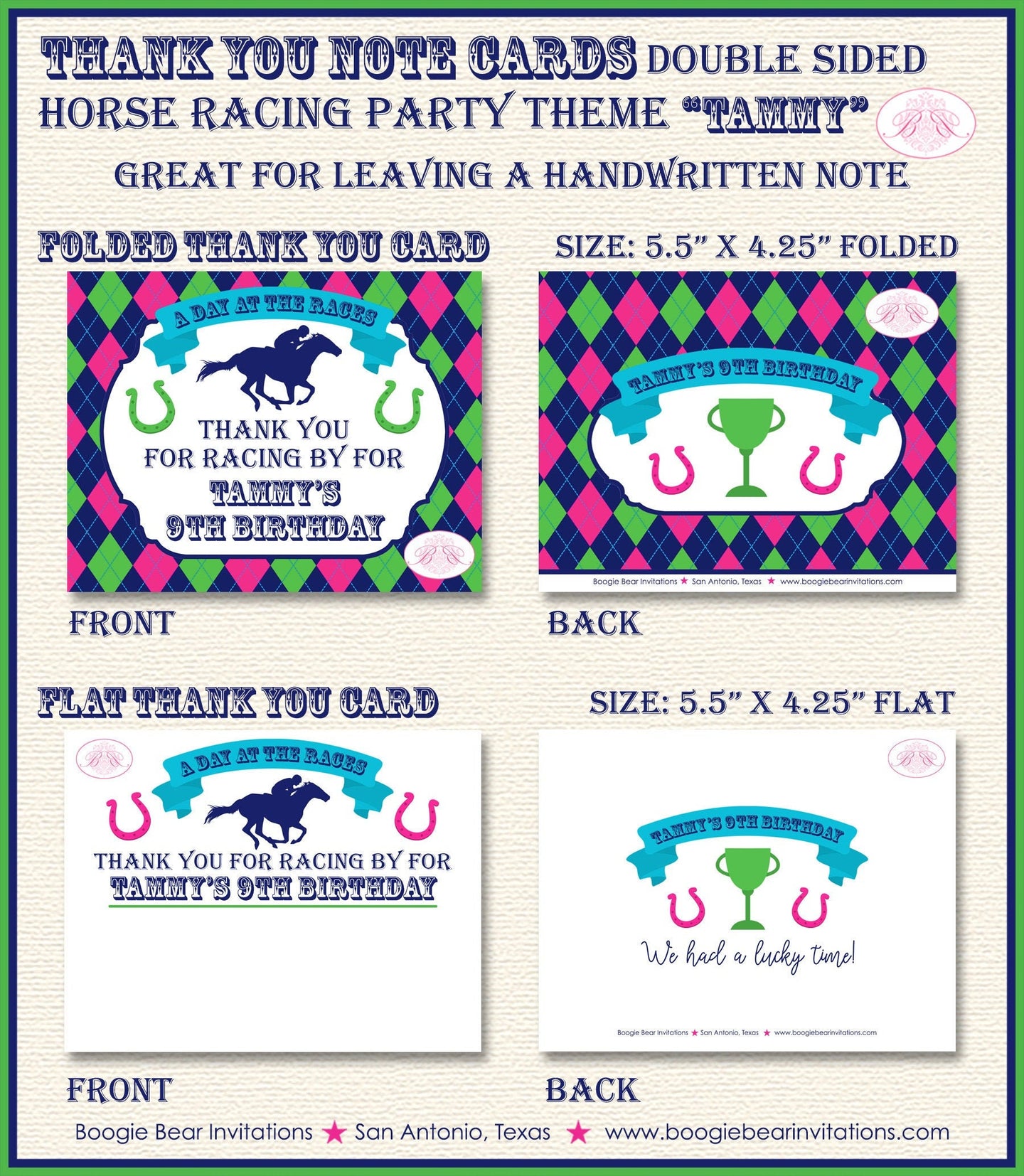 Horse Racing Birthday Party Thank You Card Pink Green Blue Jockey Kentucky Derby Quarter Races Boogie Bear Invitations Tammy Theme Printed