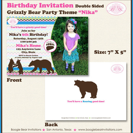 Pink Bear Photo Birthday Party Invitation Girl Grizzly Woodland Forest Retro Boogie Bear Invitations Nika Theme Paperless Printable Printed