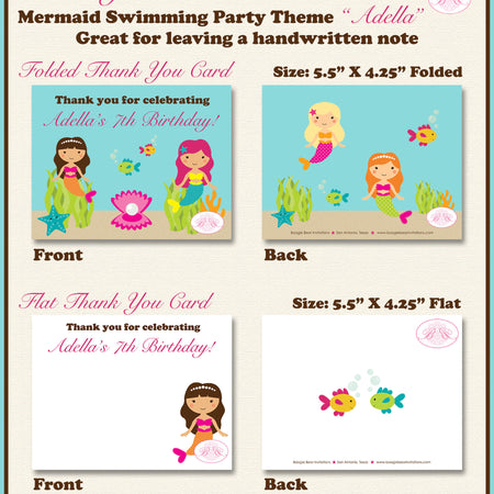 Mermaid Pool Thank You Card Birthday Party Pink Girl Swimming Swim Ocean Splash Sea Fish Summer Boogie Bear Invitations Adella Theme Printed