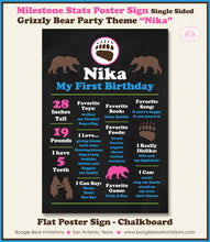 Load image into Gallery viewer, Grizzly Bear Birthday Party Sign Stats Poster Sign Frameable Chalkboard Milestone Pink Girl Wild Kodiak Boogie Bear Invitations Nika Theme