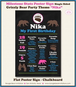 Grizzly Bear Birthday Party Sign Stats Poster Sign Frameable Chalkboard Milestone Pink Girl Wild Kodiak Boogie Bear Invitations Nika Theme