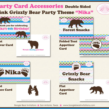 Grizzly Bear Birthday Favor Party Card Tent Place Food Tag Girl Pink Woodland Forest Kodiak Wild Chevron Boogie Bear Invitations Nika Theme