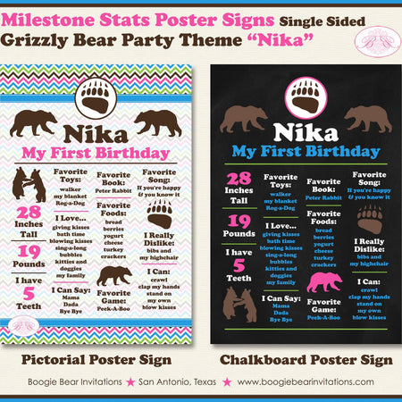 Grizzly Bear Birthday Party Sign Stats Poster Sign Frameable Chalkboard Milestone Pink Girl Wild Kodiak Boogie Bear Invitations Nika Theme