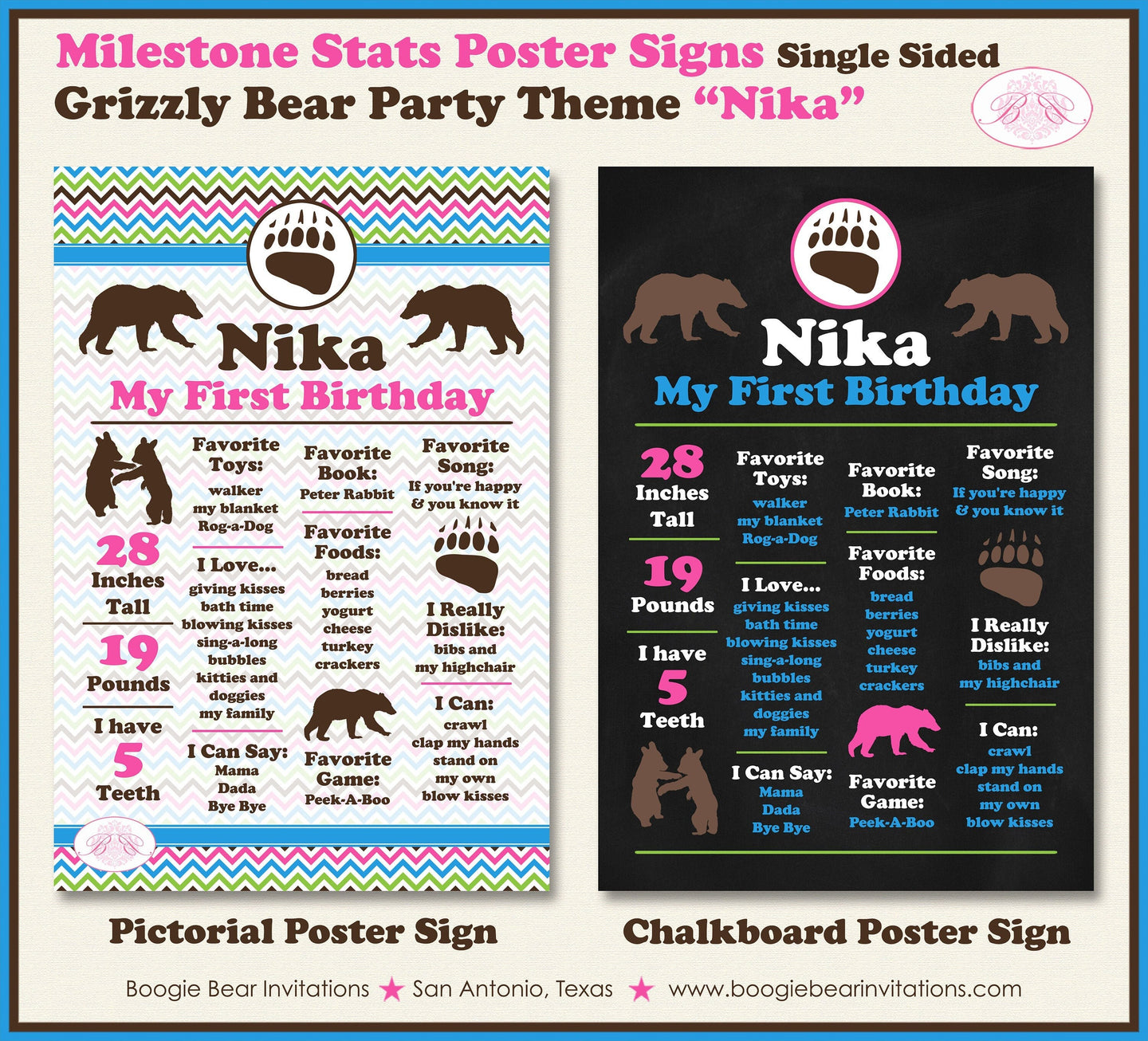 Grizzly Bear Birthday Party Sign Stats Poster Sign Frameable Chalkboard Milestone Pink Girl Wild Kodiak Boogie Bear Invitations Nika Theme