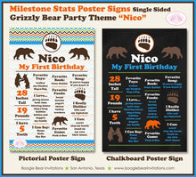 Load image into Gallery viewer, Grizzly Bear Birthday Party Sign Stats Poster Sign Frameable Chalkboard Milestone Wild Kodiak Forest Roar Boogie Bear Invitations Nico Theme