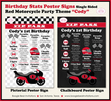 Load image into Gallery viewer, Motorcycle Birthday Party Sign Stats Poster Flat Frameable Chalkboard Milestone Black Red Girl Boy 1st Boogie Bear Invitations Cody Theme