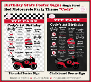 Motorcycle Birthday Party Sign Stats Poster Flat Frameable Chalkboard Milestone Black Red Girl Boy 1st Boogie Bear Invitations Cody Theme