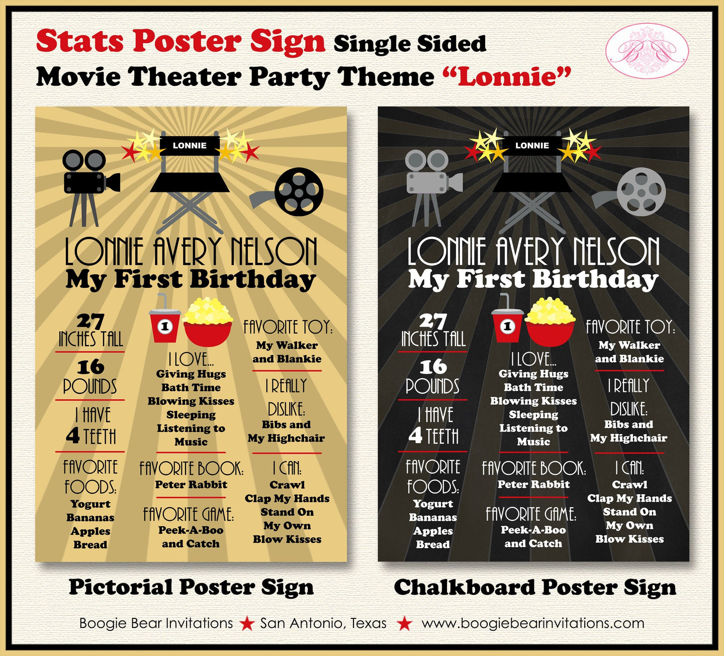 Movie Theater Birthday Party Sign Stats Poster Flat Frameable Chalkboard Milestone Actor Motion Picture Boogie Bear Invitations Lonnie Theme