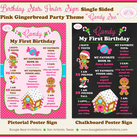 Pink Gingerbread Birthday Party Sign Stats Poster Frameable Chalkboard Milestone Girl 1st Christmas Boogie Bear Invitations Candy Sue Theme