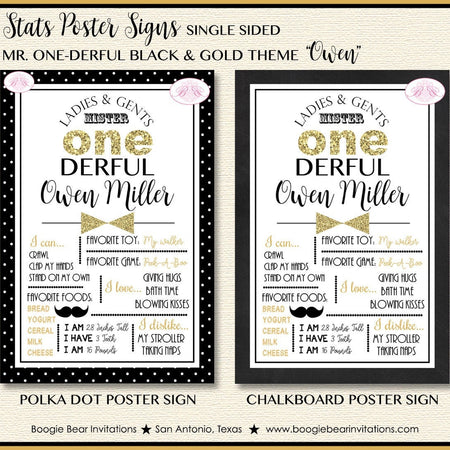 Mr Wonderful Birthday Party Sign Poster Frameable Chalkboard Stats Onederful Boy derful Black Gold 1st Boogie Bear Invitations Owen Theme