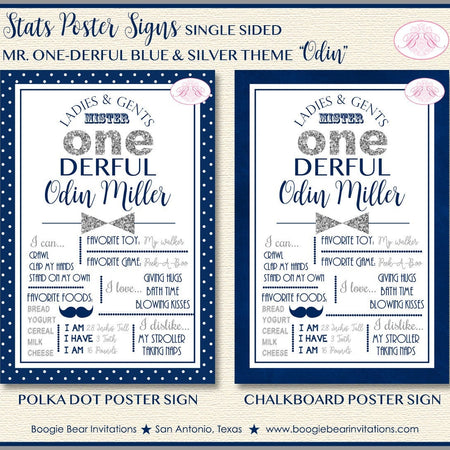 Mr Wonderful Birthday Party Sign Poster Frameable Chalkboard Stats Onederful Boy derful Blue Silver 1st Boogie Bear Invitations Odin Theme