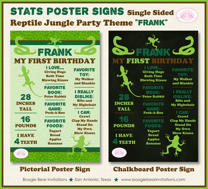 Reptile Birthday Party Sign Stats Poster Frameable Chalkboard Milestone Brown Green Jungle Boy Girl 1st Boogie Bear Invitations Frank Theme