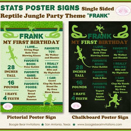 Reptile Birthday Party Sign Stats Poster Frameable Chalkboard Milestone Brown Green Jungle Boy Girl 1st Boogie Bear Invitations Frank Theme