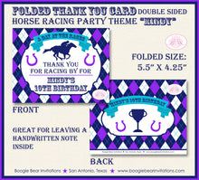 Load image into Gallery viewer, Horse Racing Birthday Party Thank You Card Argyle Purple Blue Kentucky Derby Race Lucky Jockey Boogie Bear Invitations Mindy Theme Printed