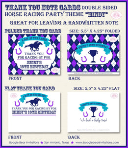 Horse Racing Birthday Party Thank You Card Argyle Purple Blue Kentucky Derby Race Lucky Jockey Boogie Bear Invitations Mindy Theme Printed