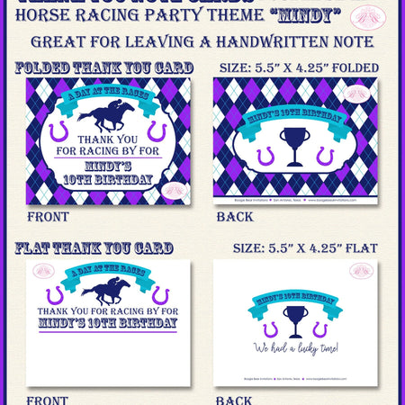 Horse Racing Birthday Party Thank You Card Argyle Purple Blue Kentucky Derby Race Lucky Jockey Boogie Bear Invitations Mindy Theme Printed