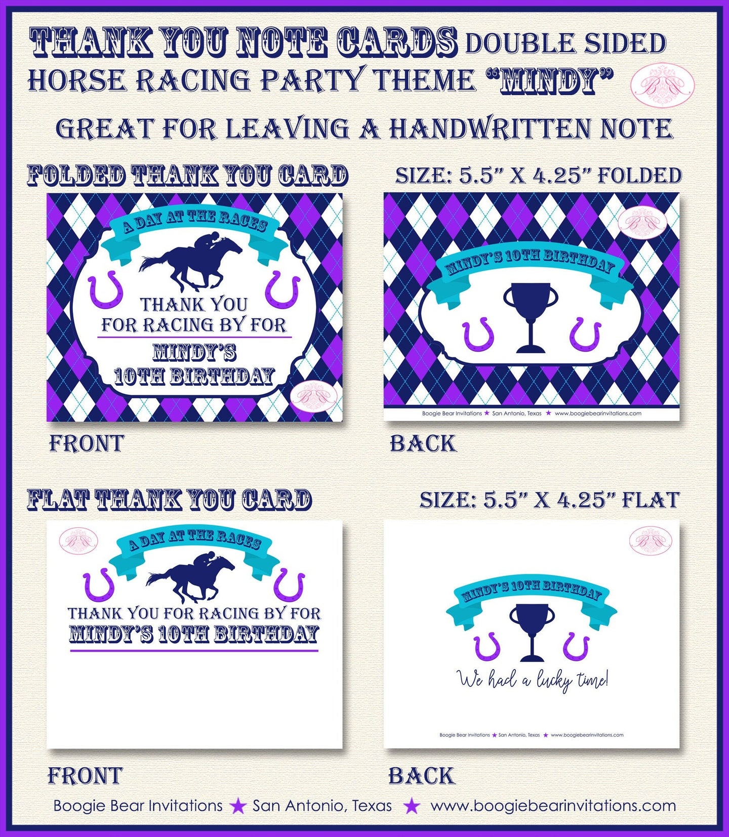 Horse Racing Birthday Party Thank You Card Argyle Purple Blue Kentucky Derby Race Lucky Jockey Boogie Bear Invitations Mindy Theme Printed